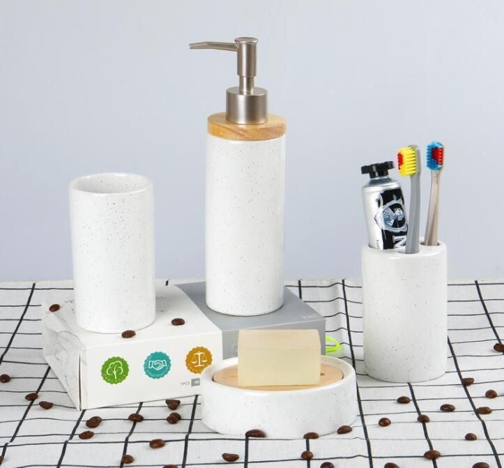 Ceramic Bathroom Accessories with Bamboo Stand