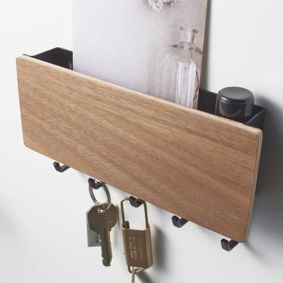 Wall Mounted Mail Clips Holder Wood Hook 5 Key Hooks