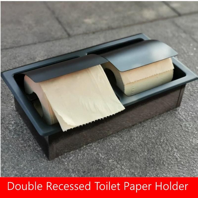 Double Roll Toilet Paper Holder Stainless Steel Matte Black with Cover