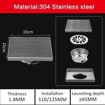 Solid Linear 304 Stainless Steel 15*15cm Floor Drain DN110 Toilet Square Odorless Floor Drain Hotel Engineering Large Floor Drain