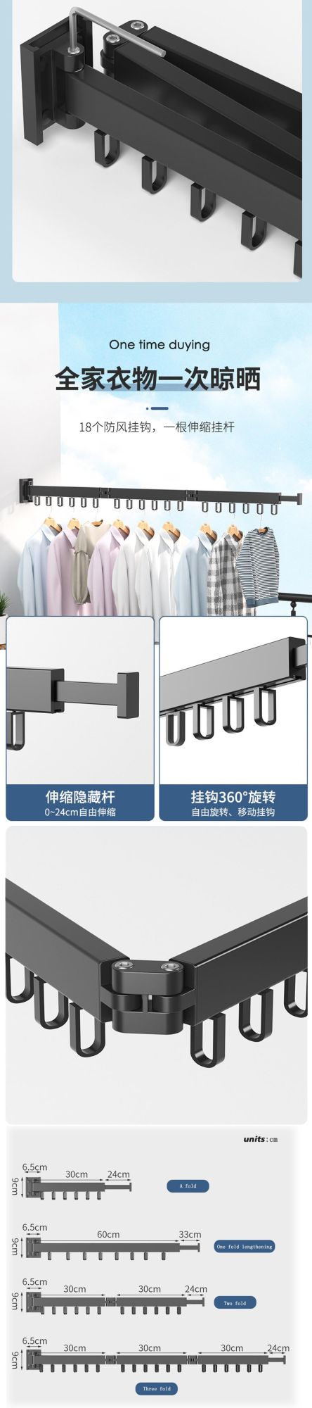 Folding Clothes Hanger Wall Mount Retractable Cloth Drying Rack Space Saving Aluminum Home Laundry Clothesline Washing Lines