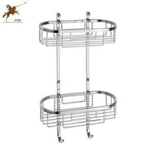Double Shelf Stainless Steel Bathroom Basket with Hooks (8813)