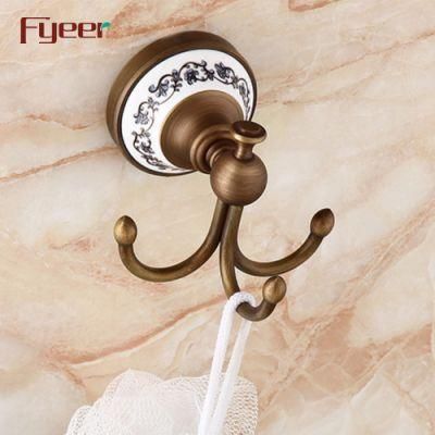 Fyeer Antique Brass Double Robe Hook with Ceramic Base