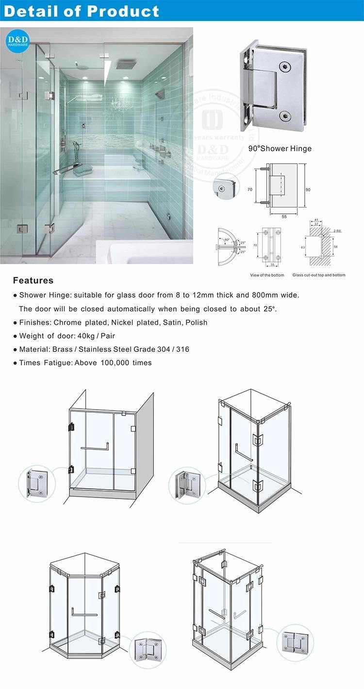 Stainless Steel 90 Degree Glass Hinge for Bathroom