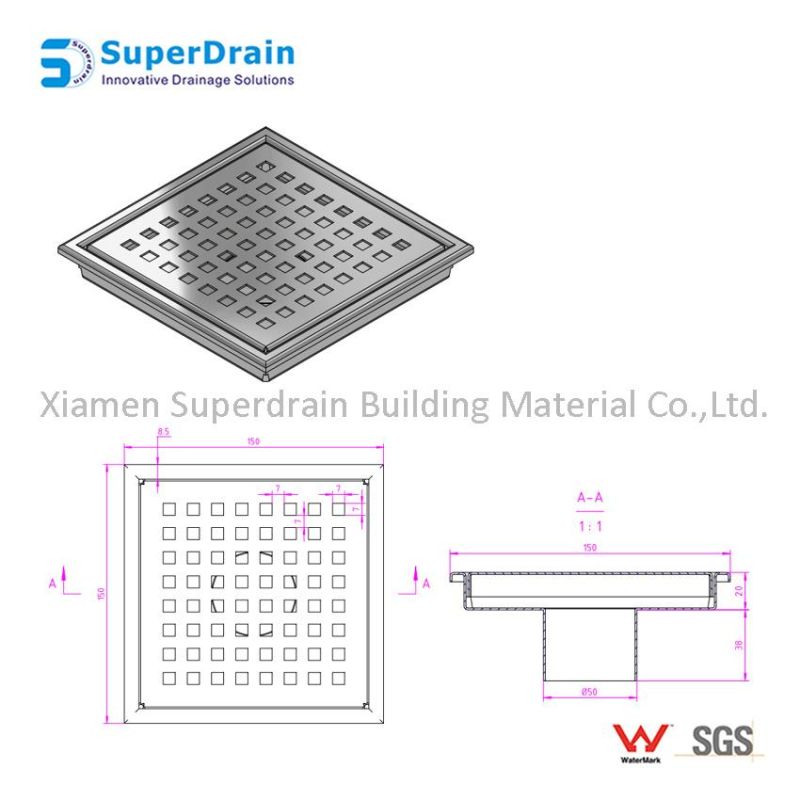 SUS 304 Shower Drain with Square Hole Pattern
