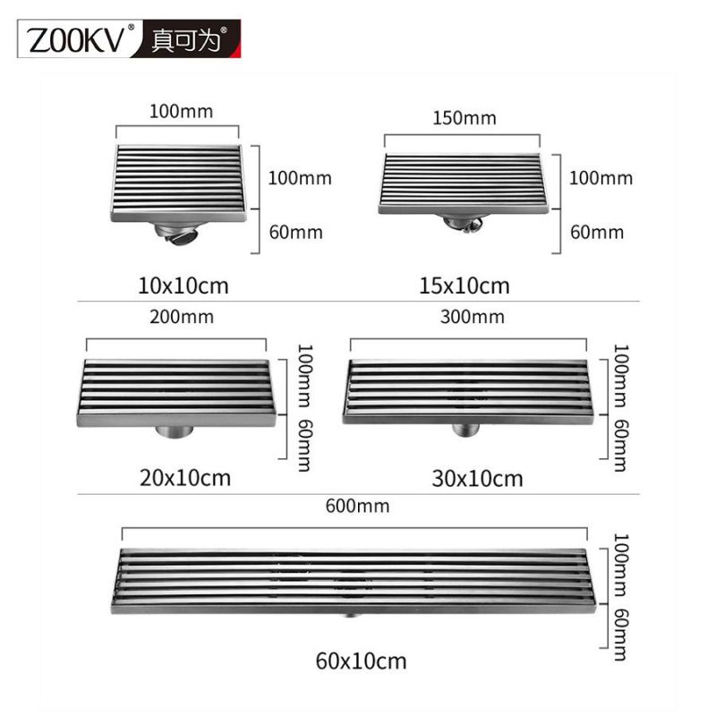 15*10cm Solid Horizontal Strip Shower Room Floor Drain 304 Stainless Steel Rectangular Stripe Floor Drain Automatic Closing Odor Proof Floor Drain