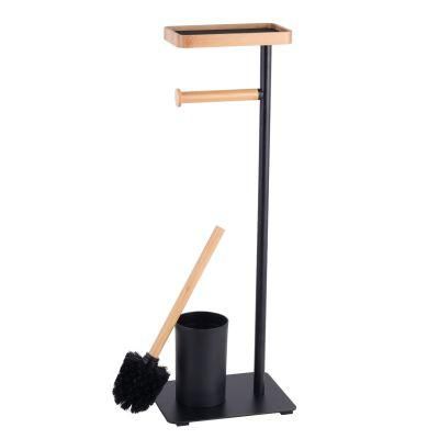Home Bathroom Free Standing Bamboo Cleaning Toilet Brush and Tissue Paper Roll Holder