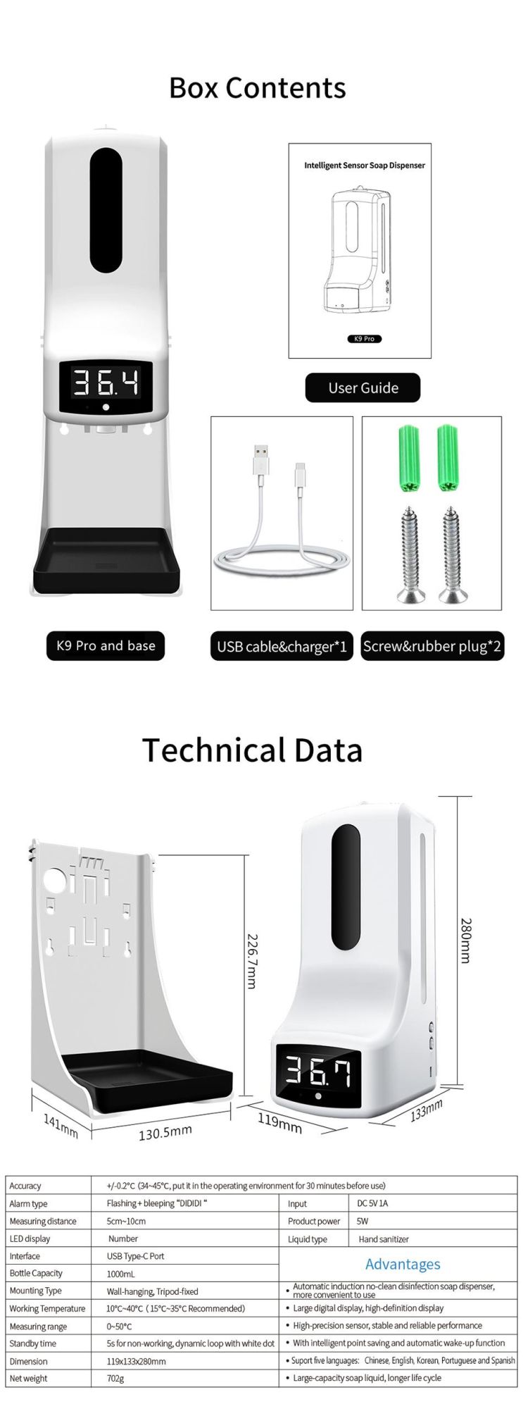 OEM Battery Powered K9 PRO Touchless Liquid Soap Dispenser Sanitizer