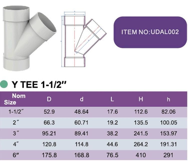 Era China Factory Good Quality ASTM D2665 PVC Drainage Water Pipe Fittings Y Tee 1-1/2′′