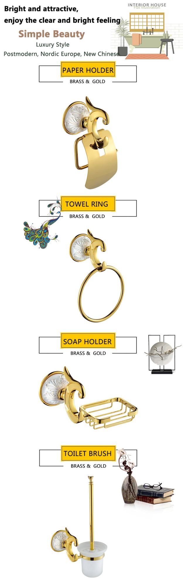 Luxury Golden Accessories Bathroom Brass Accessory