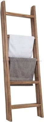 Wall-Leaning Dark Brown Wood Wall Leaning Ladder Style Towel and Blanket Storage Rack or Display Shelf