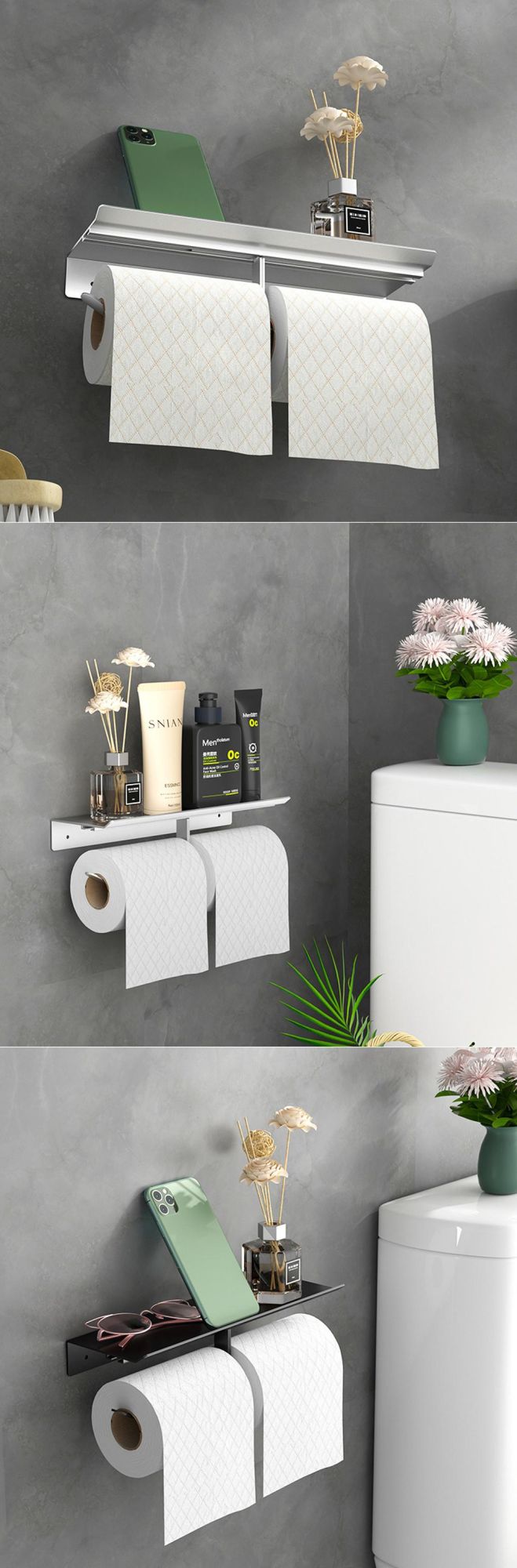 Toilet Paper Holder with Shelf, Bjiotun Toilet Paper Holder Wall Mounted Toilet Paper Storage, Double Roll Tissue Holder Dispenser Bathroom Toilet Paper Holde