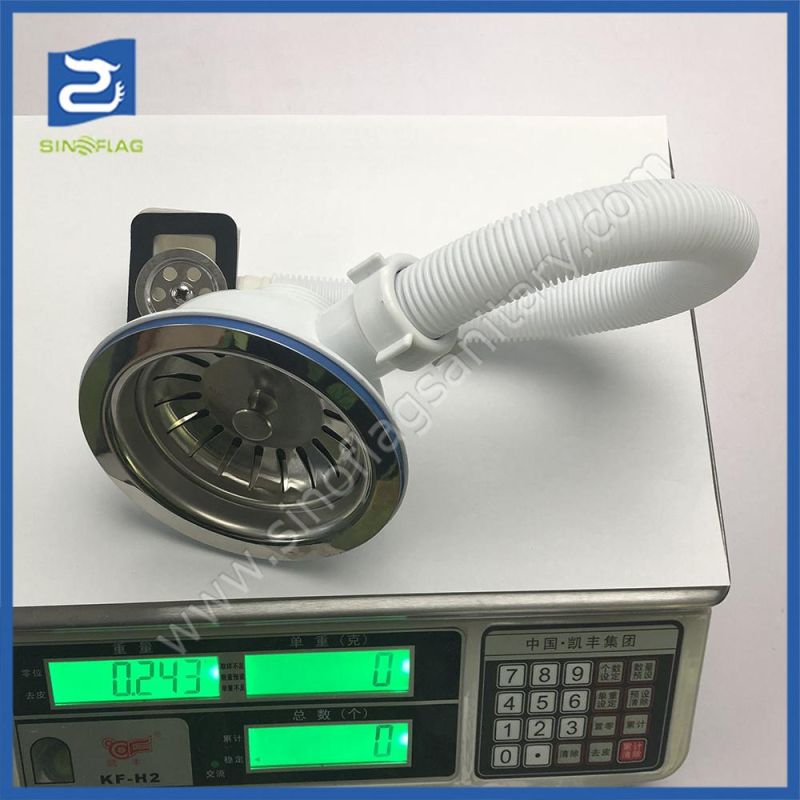 113mm Stainless Steel Kitchen Sink Basket Strainer with Flexible Hose for Overflow Hole