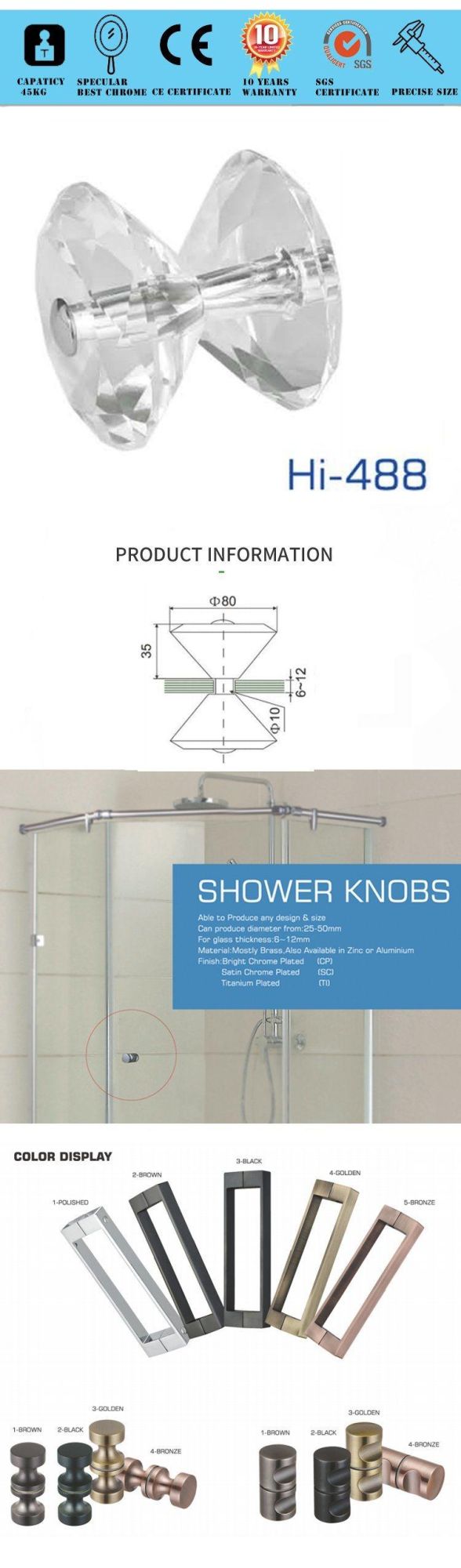 Hi-488 Glass Door Hinge Shower Stainless Steel Knob