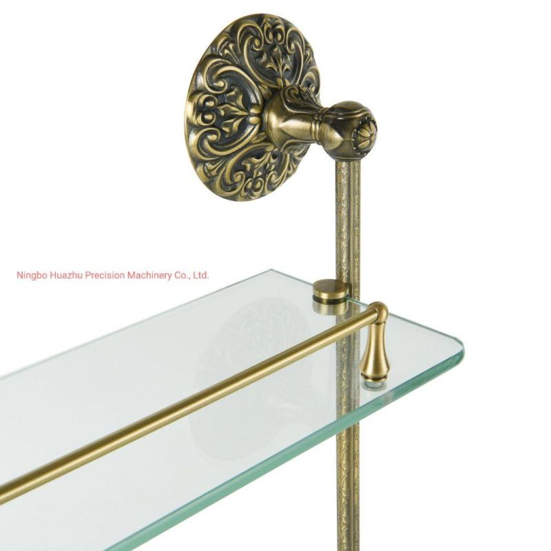 Wall Mount Clear Glass Shelf in Antique Brass Finish
