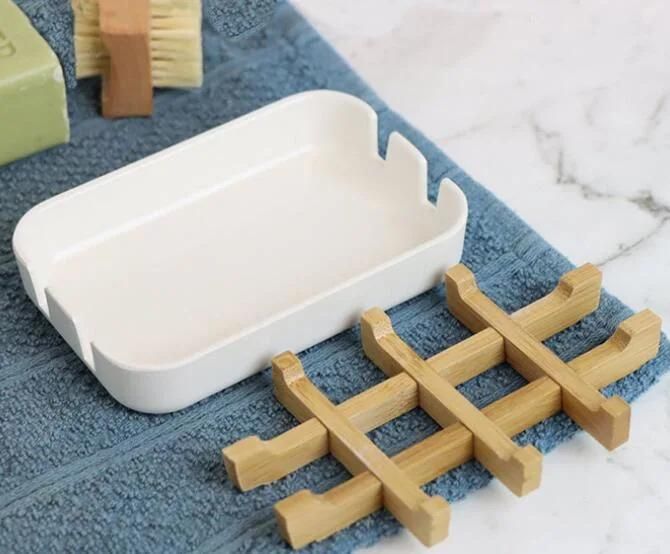 Sustainable Eco-Friendly Soap Dish Bag Set Bathtub Square Shape Bamboo Wooden Soap Holder Dish