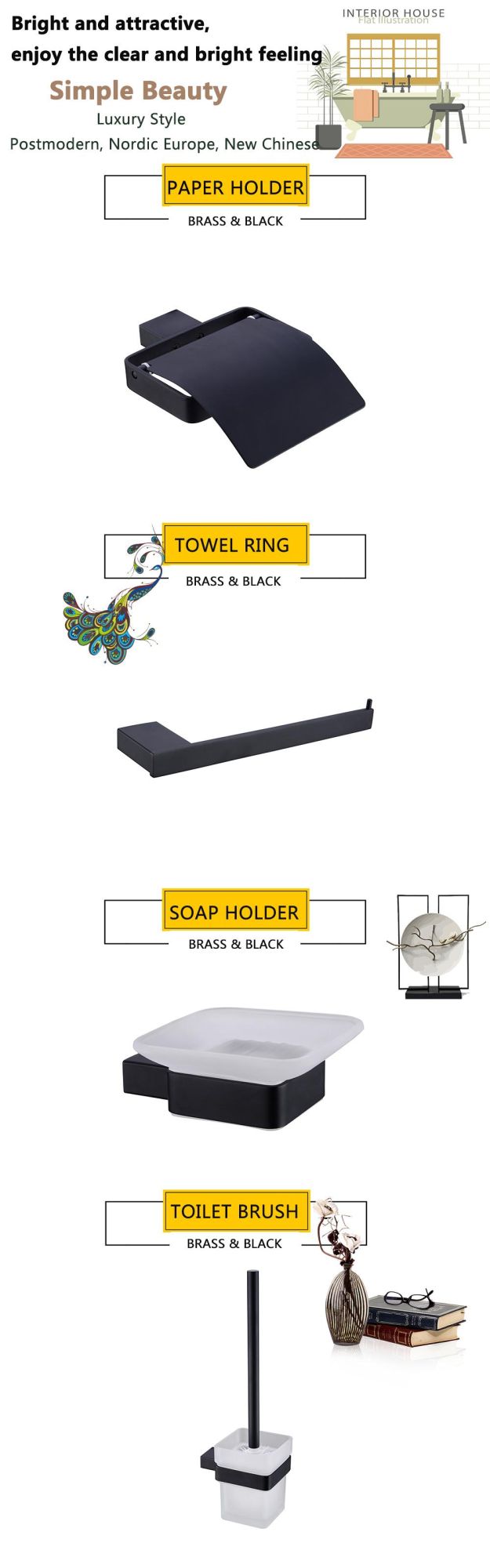Bathroom Black Accessories Paper Holder Towel Ring Soap Holder