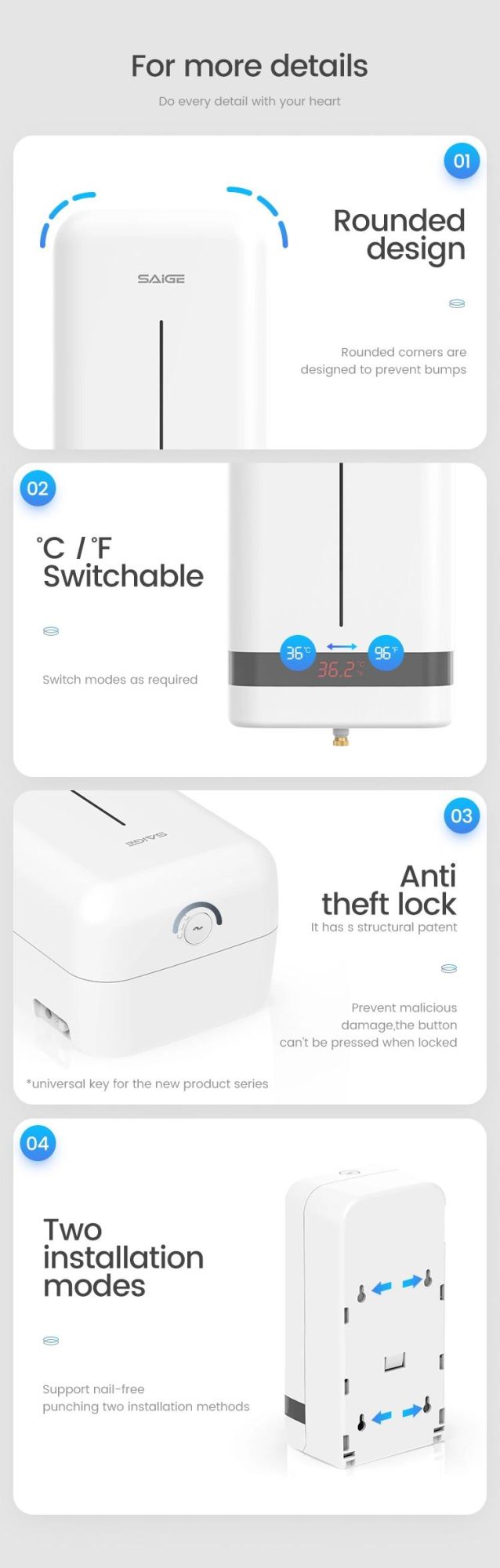 Saige New Arrival 1000ml Wall Mounted Automatic Soap Dispenser