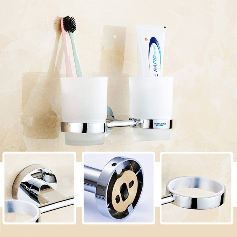 Flat Base Glass Double Toothbrush Holder with Frosted Glass Cup Set