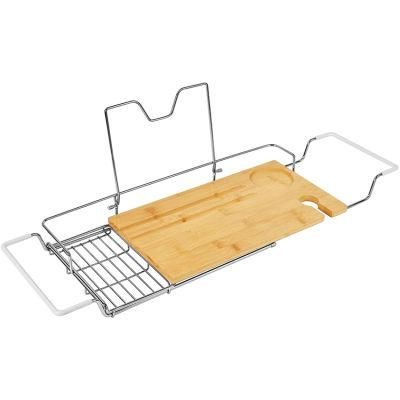 Bamboo Bathcaddy Extendable Bamboo Bath Tub Tray with Stainless Steel Rack