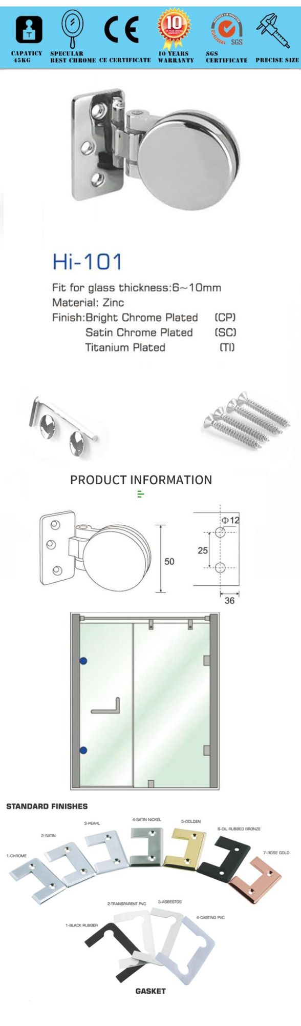 Hi-101 Stainless Steel Hing Glass to Wall Glass Door Hinge