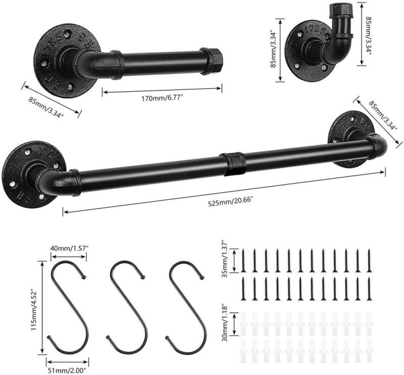 Black Industrial Iron Pipe Wall Mounted Towel Bar Fixture Set Cast Iron DIY Pipe Fittings Towel Rack Bathroom Rack with Black Flange