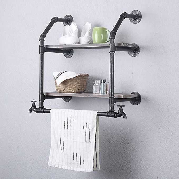 Industrial Rustic 2 Layer Bathroom Shelf Pipe Towel Rack for Kitchen, Floating Shelves, Bathroom Shelves Over Toilet with Black Flange