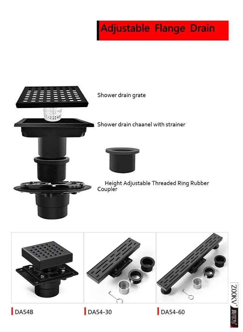 SUS 304 Stainless Steel Floor Drain with Removable Cover Grid Grate 4 Inch Square Shower Drain with Adjustable Shower Drain Base Flange
