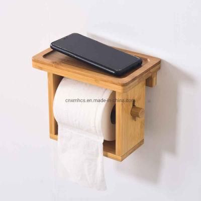 Bathroom Roll Paper Holder Rack Storage Holder Bamboo Wall Mounted Toilet Paper Holder with Phone Shelf