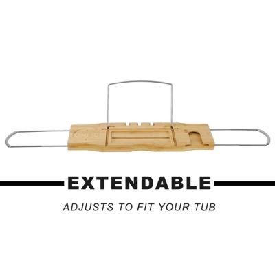Bamboo and Chrome Extendable Bathtub Tray Caddy, Natural