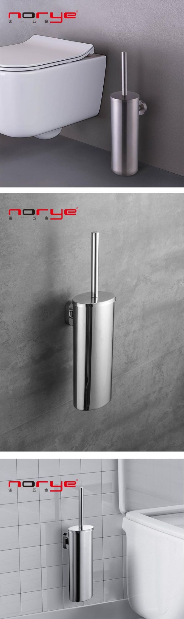 China Norye Factory 304 Stainless Steel Made Custom Bathroom Accessories Round Toilet Brush and Holder with Metal Handle