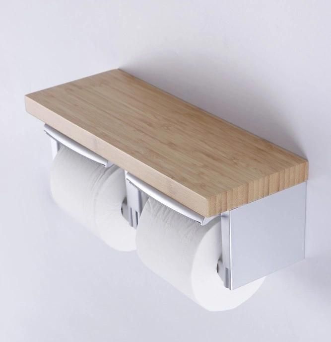 Stainless Steel Bamboo Toilet Paper Holder for Tissue with Phone Shelf