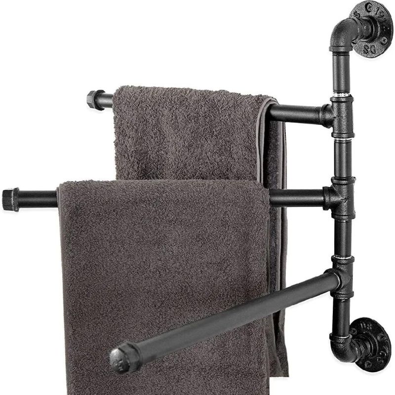 Wall-Mounted Black Metal Industrial Pipe Design 3-Arm Swivel Bathroom Towel Bar Rack with Black Fittings