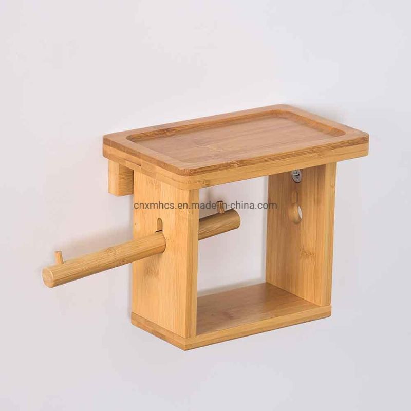 Bathroom Roll Paper Holder Rack Storage Holder Bamboo Wall Mounted Toilet Paper Holder with Phone Shelf