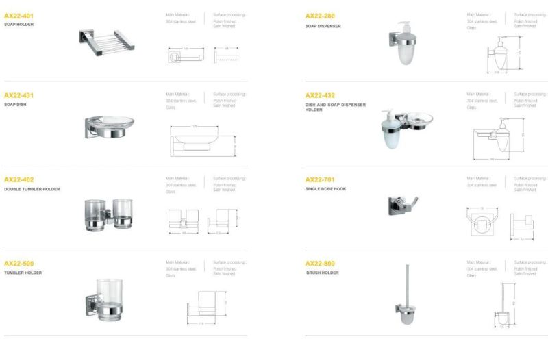 SS304 Toilet Bathroom Accessories with Towel Bar/Brushed Holder/Soap Dish/Robe Hook