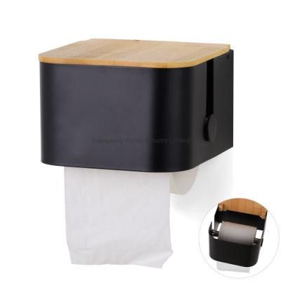 Wall Mount Toilet Roll Holder with Bamboo Lid Cover