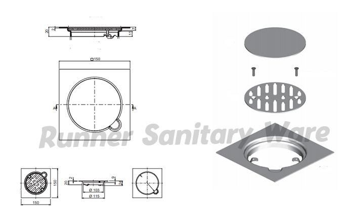 3PCS Stainless Steel SUS 304 Floor Drain with Screw (D27315)