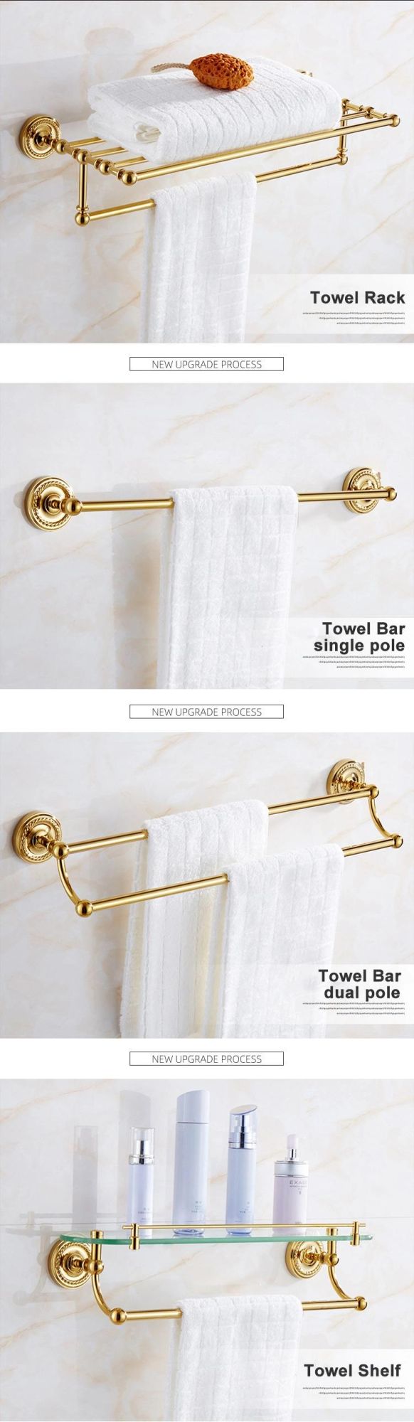 Polishing Gold Bathroom Wall Mounted Towel Shelf Holder Metal Towel Rack Set