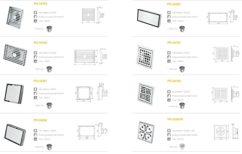 4 Inch SUS304 Stainless Steel Square Shower Floor Drain with Tile Insert Invisible Grate Cover Strainer