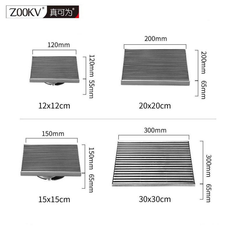 20*20cm Solid Striped Floor Drain 304 Stainless Steel Floor Drain DN110 Toilet Square Odorless Floor Drain Hotel Engineering Large Floor Drain