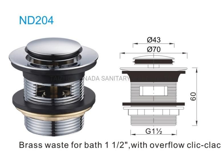 Brass Bathroom Bathtub Drainer Clic Clac Stopper Pop up Valve Waste Push up Push Open Strainer Basin Drain 1"1/2 with Overflow Chrome Plated (ND204)