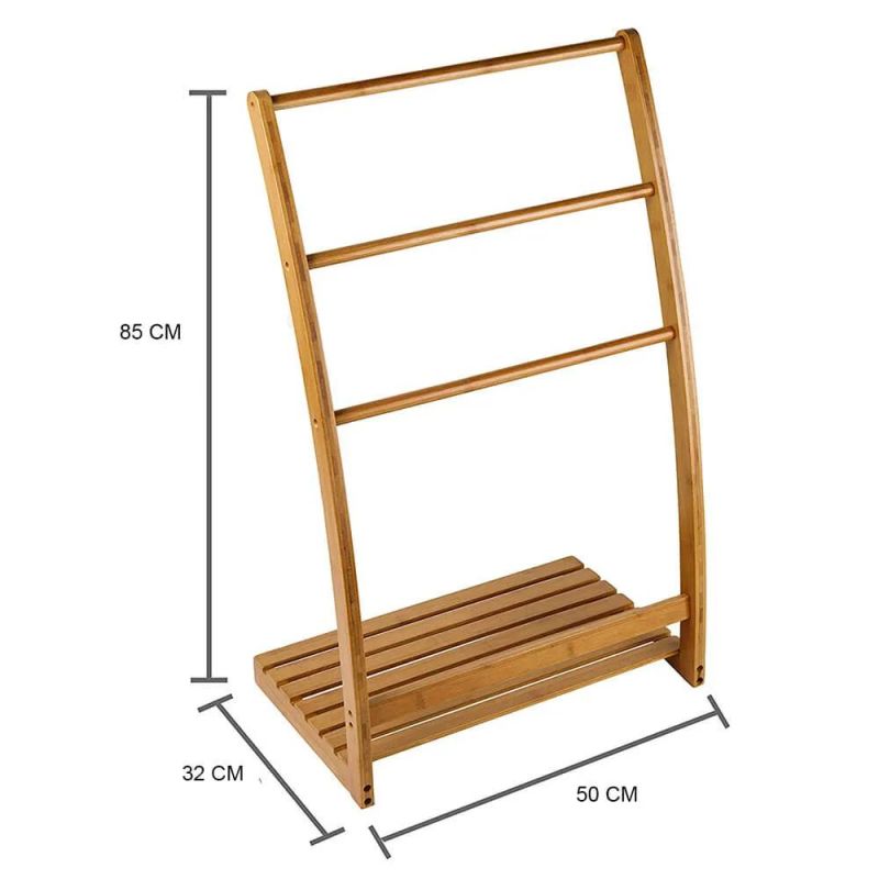 Freestanding Bamboo 3-Bar Towel Rack with Shelf Natural Durability Water Resistance