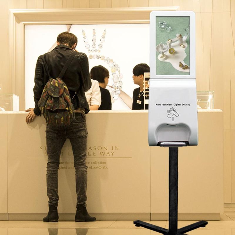 21.5" Hand Hygiene Disinfection Sanitizer Foam Spray Gel to Cleaning Video LCD Advertising Signage Media Display Screen Player Kiosk with IR Temperature Scanner