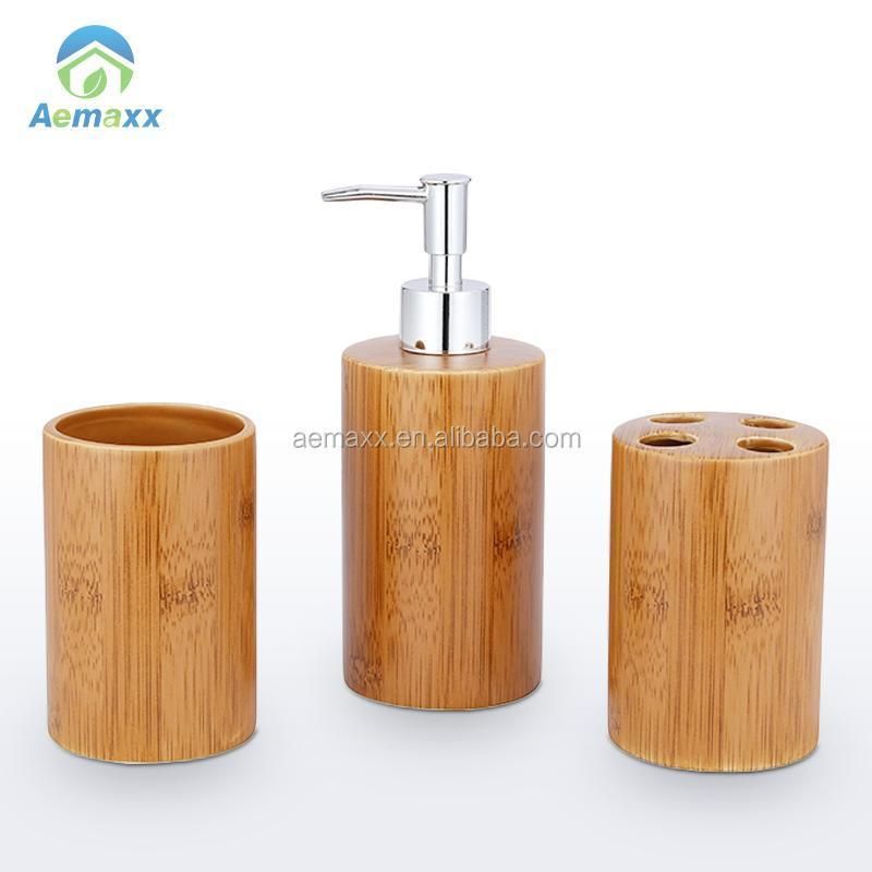 Best Selling Home Ceramic Design Bamboo Color 3-Piece Bathroom Accessories