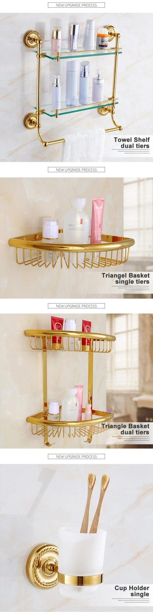 Polishing Gold Bathroom Wall Mounted Towel Shelf Holder Metal Towel Rack Set