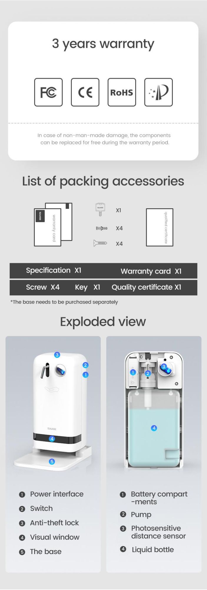 Saige High Quality 1800ml Wall Mounted Sensor Hand Sanitizer dispenser