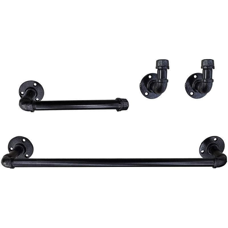 Black Industrial Iron Pipe Wall Mounted Towel Bar Fixture Set Cast Iron DIY Pipe Fittings Towel Rack Bathroom Rack with Black Flange