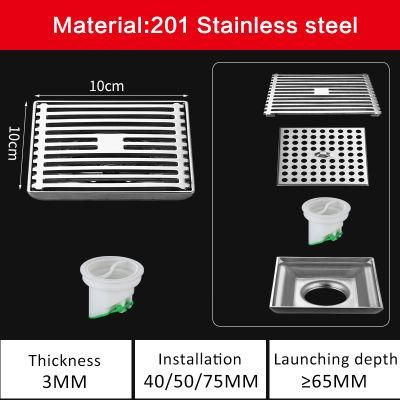 10*10cm Villa Bathroom DN50 201 Solid Stainless Steel Long Strip Floor Drain Toilet Shower Room Rectangular Odor Proof Floor Drain