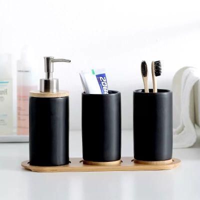3-Piece Black White Natural Bamboo Bottom Ceramic Bathroom Accessories