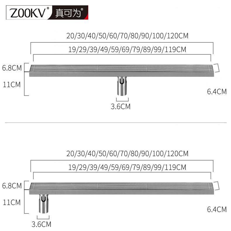 90*6.8cm DN50 Thickened Solid Striped 304 Stainless Steel Floor Drain Shower Room Long Strip Large Displacement Odor Proof Floor Drain